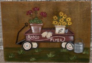 Primitive Hp Folk Art Radio Flyer Wagon Flowers Reclaimed Wood