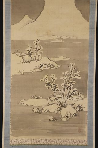 JAPANESE HANGING SCROLL ART Painting Snowy Sansui Landscape E8106 4
