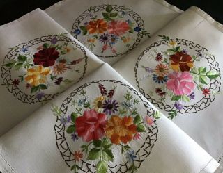 Stunning Vintage Linen Hand Embroidered Tablecloth Florals