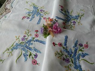 Vintage Hand Embroidered Linen Tablecloth=exquisite Spring Flowers -