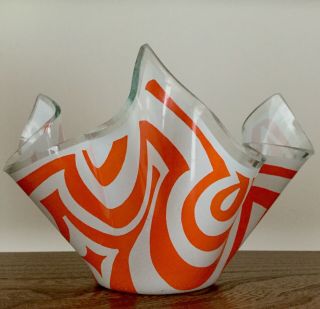 Rare Chance Art Glass Psychedelic Orange Handkerchief Bowl / Vase 1970s Funky