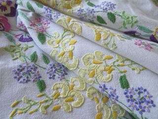 Vintage Hand Embroidered Linen Tablecloth - Laburnum,  Pansies,  Carnations