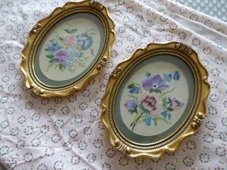 Vintage Hand Embroidered Pictures Pair/framed - Exquisite Sweet Peas & Anemones