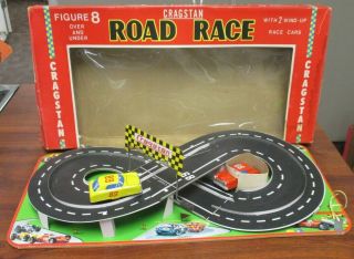 Vintage Cragstan Figure 8 Road Race Game 2 Tin Key Wind Up Cars Orig Box