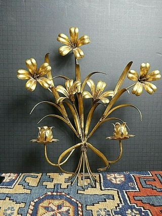 Vintage Hand Made Hollywood Regency Gilt Gold Floral Wall Sconce Candle Holder