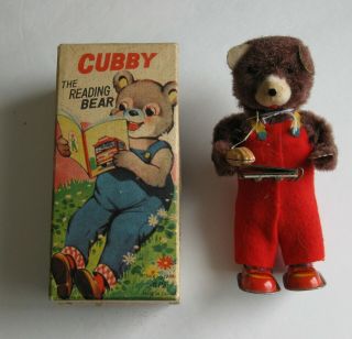 Vintage Mechanical Wind Up Cubby The Reading Bear With Box