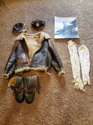 Wwii Us Air Force B - 3 Leather Bomber Jacket Helmet Boots Scarves Citadel 1944