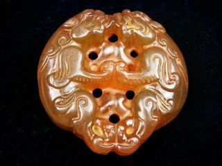 Old Nephrite Jade Hand Carved Pendant Sculpture Double Foo Dog Lions 03251903