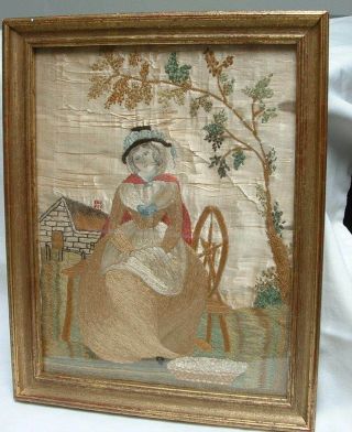 Antique Georgian Embroidered Silk Picture Circa 1780 Seated Lady Spinning