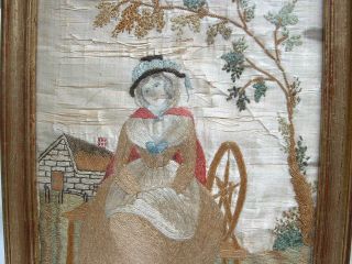 Antique Georgian Embroidered Silk Picture circa 1780 Seated Lady Spinning 2