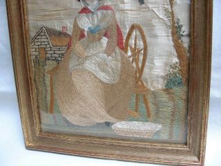 Antique Georgian Embroidered Silk Picture circa 1780 Seated Lady Spinning 3