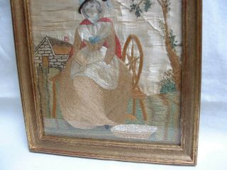 Antique Georgian Embroidered Silk Picture circa 1780 Seated Lady Spinning 4