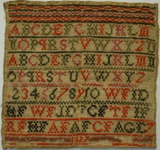 Small Early 19th Century Alphabet Sampler Initialled Cf Aged 7 - 1827