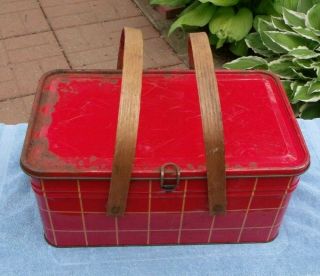 Vintage Plaid Tin Box Cookies Picnic Basket Old Storage Wood Handles Tote