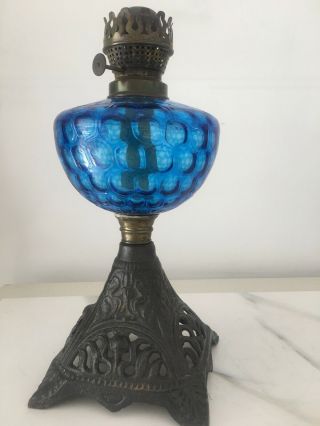 Antique Turquoise Blue Thumb Print Oil Lamp On Metal Base