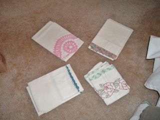 4 Vintage Pillowcases Embroidered Fancy White With Color