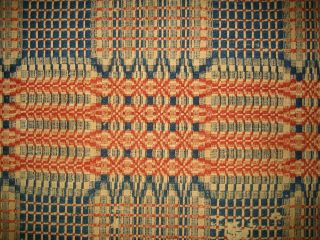 Antique Red,  White,  & Blue Overshot Coverlet In The Pine Cone Bloom Pattern