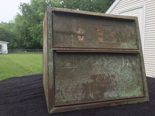 Antique Old Tin Bread Box Pie Safe 2 Shelves Slant Top Faded Old Green Paint