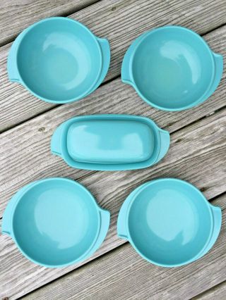 Mid - Century Modern Atomic Turquoise Boonton Winged Bowls & Butter Dish Melamine