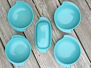 Mid - Century Modern Atomic TURQUOISE BOONTON WINGED BOWLS & BUTTER DISH Melamine 2