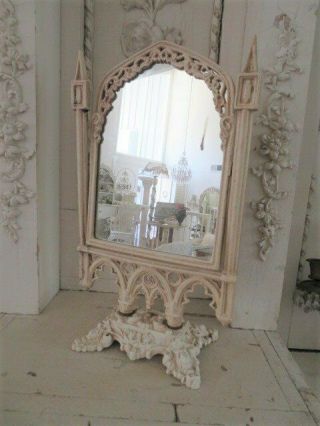 Exquisite Old Vintage Mirror On Stand Creamy White Metal Arched Tilts Finials
