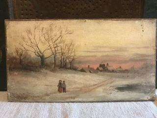 Antique Folk Art Painting Winter Scene Not Signed Or Framed