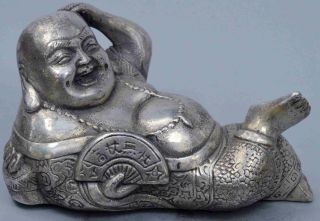 Collectable Noble Old Handwork Miao Silver Carve Ancient Humor Buddha Art Statue 2
