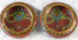 Atq Chinese Pair Cloisonne Copper Enamel 5 Toe Dragon Match Set Bowls