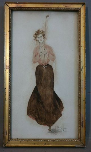 1900 Antique Watercolor Young Victorian Lady Golfer Golf Club Portrait Painting