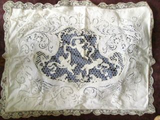 Antique Romantic Linen Pillow With Hand Made Lace,  Cupid,  Putti