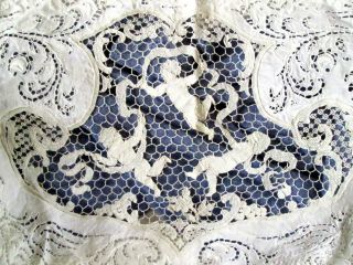 Antique Romantic Linen Pillow with Hand Made Lace,  Cupid,  Putti 2