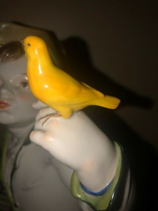 Antique German Muller Volkstedt Large 22” Boy Yellow Bird Figurine Signed 3