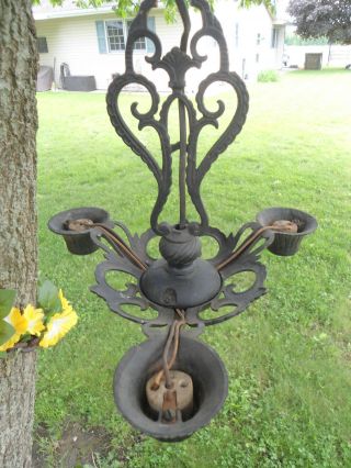 ANTIQUE VINTAGE ART DECO NOUVEAU CAST METAL 3 LIGHT CEILING FIXTURE CHANDELIER 8