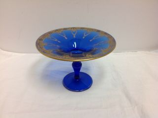 Antique Blue Gold Cambridge Glass Compote Art Deco