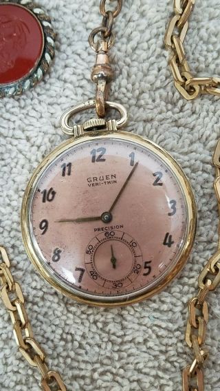 Gruen Veri - Thin 17 Jewels Pocket Watch W/chain & Intaglio Fob.  Early 1900 