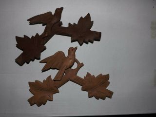 2 Vintage Wooden Leaves Birds Cuckoo Cukoo Clock Parts Top Topper Trim 8 1/2 "