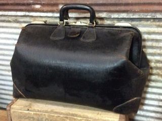 Antique Vtg 20s 30s Doctor Medical Cowhide Leather Large Travel Bag 20 " X12 " X12 "