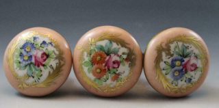 3 Antique Old Paris Porcelain Round Door Knobs Hand Painted Peach Floral Motif