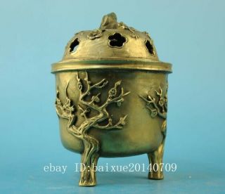 Chinese old copper hand - carved plum blossom three foot censer /daqing mark e01 2