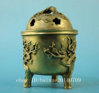 Chinese old copper hand - carved plum blossom three foot censer /daqing mark e01 3