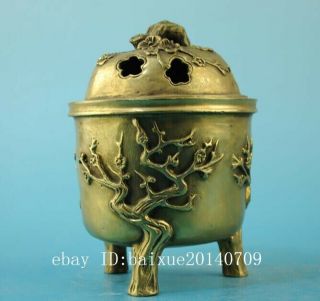 Chinese old copper hand - carved plum blossom three foot censer /daqing mark e01 4