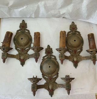 3 Old Cast Aluminum Electric Wall Light Fixture Twin Candle Wall Sconces