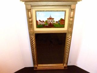 Antique Reverse Painting Wood Trumeau Wall Mirror Colonial Village Market House