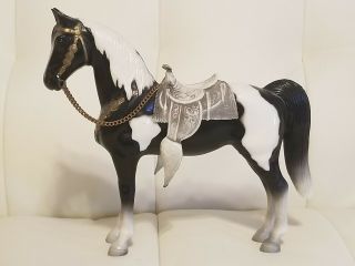 Vintage Molded Plastic Horse Toy Black/white Collectible Removable Saddle
