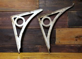 Antique Pair Cast Iron Large Library Shelf Brackets Vtg Industrial Corbel White