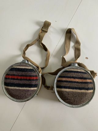 Vintage Wool Covered Canteens With Metal Cap And Canvas Straps