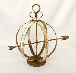 Vintage 15” Armillary Arrow Sphere Garden Ornament White Rusty Wrought Iron