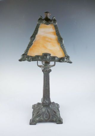 Unusual Antique Arts Crafts C1900 Bronzed Verdigris Finish Slag Glass Desk Lamp