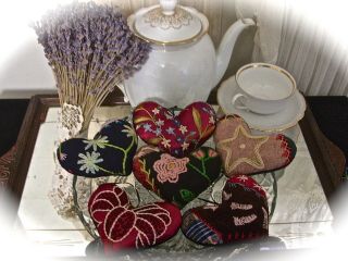HEARTS from 1880 - 90s CRAZY QUILT SWEET FORGET - ME - NOTS STARFISH FEATHERS FLOWERS 2