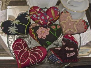 HEARTS from 1880 - 90s CRAZY QUILT SWEET FORGET - ME - NOTS STARFISH FEATHERS FLOWERS 3